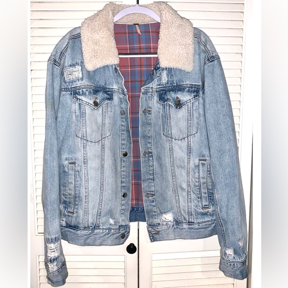Free People Plaid Lined Denim Sherpa Collar Trucker Oversized Jacket Medium - Picture 2 of 9
